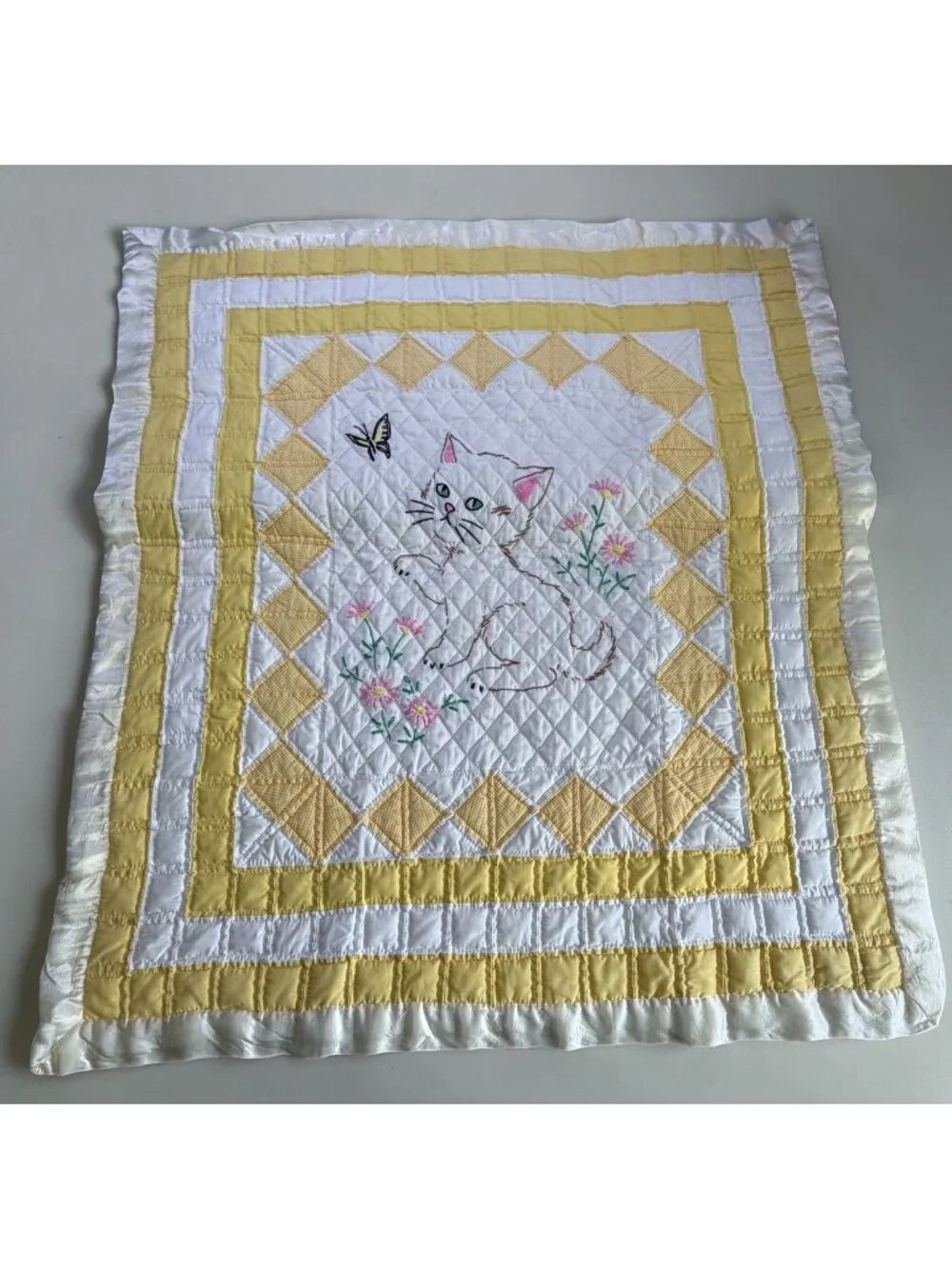 Vintage Handmade Baby Quilt Embroidered Cat Kitten Blanket Satin Yellow White
